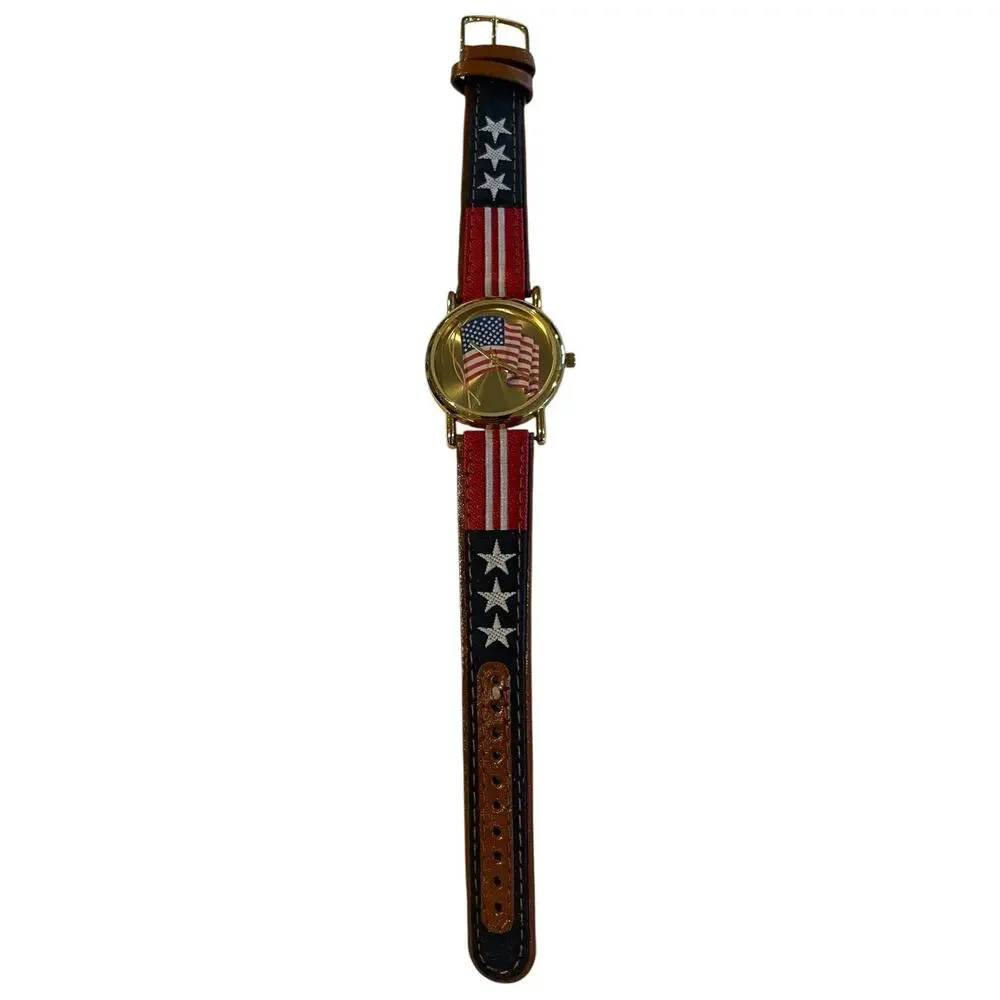 Unisex VALDAWN American Flag Patriotic 4th of July Gold Tone Watch, 33mm Leather